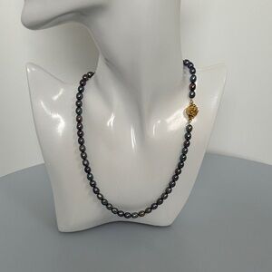Black Real Pearl Necklace with Gold Clasp